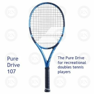 Catalog image of Babolat Pure Drive 107 tennis racquet with supporting text.