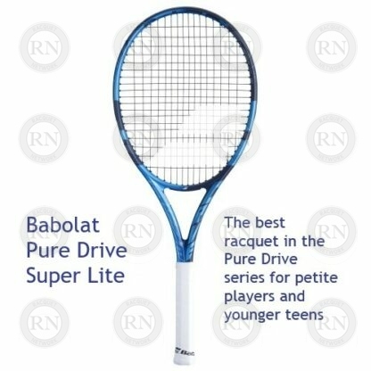 Image of a Babolat Pure Drive Super Light tennis racquet with supporting text.