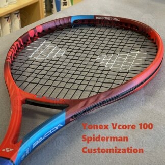 Catalog image of a Yonex Vcore 100 tennis racquet with Spiderman customizations