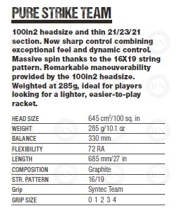 Pure Strike Team Tennis Racquet Specifications Chart