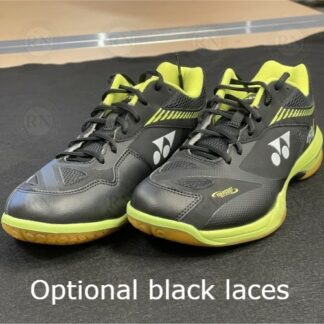 Catalog images of Yonex wide badminton shoes with optional black laces